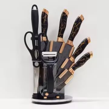 Juego de 9 cuchillos de cocina para cocinero para pan/carne, juego de cuchillos con afilador y base acrílica que gira 360 grados (negro)