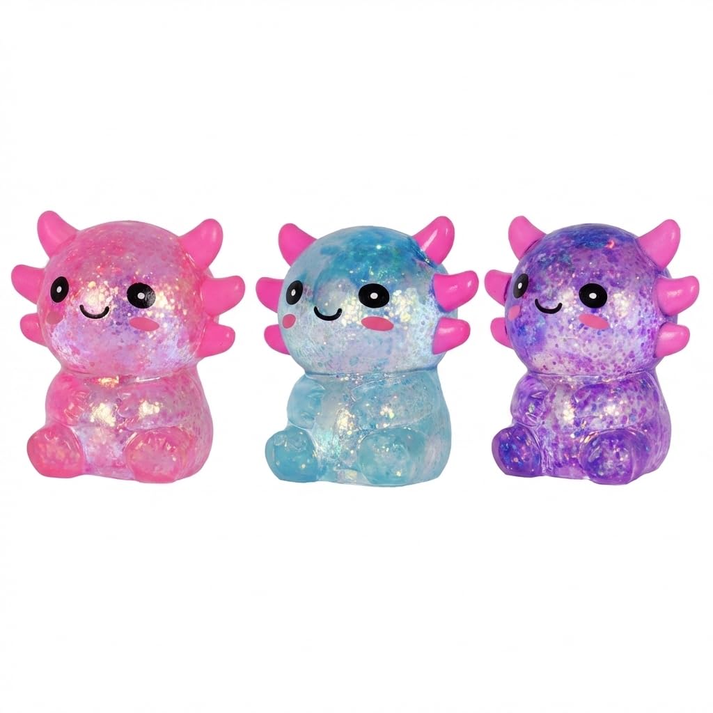 Axolotl - Juguete blando para aliviar el estrés – Lindo juguete para apretar con purpurina para niños y adultos, juguete sensorial para aliviar la ansiedad, recuerdo de fiesta de escritorio | Soft TPR, Floating Glitter, squeeze toy, busy hands, stress rel