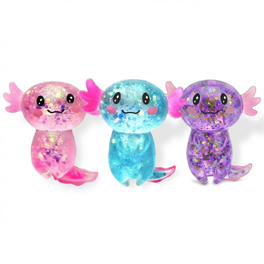 Axolotl - Juguete blando para aliviar el estrés – Lindo juguete para apretar con purpurina para niños y adultos, juguete sensorial para aliviar la ansiedad, recuerdo de fiesta de escritorio | Soft TPR, Floating Glitter, squeeze toy, busy hands, stress rel