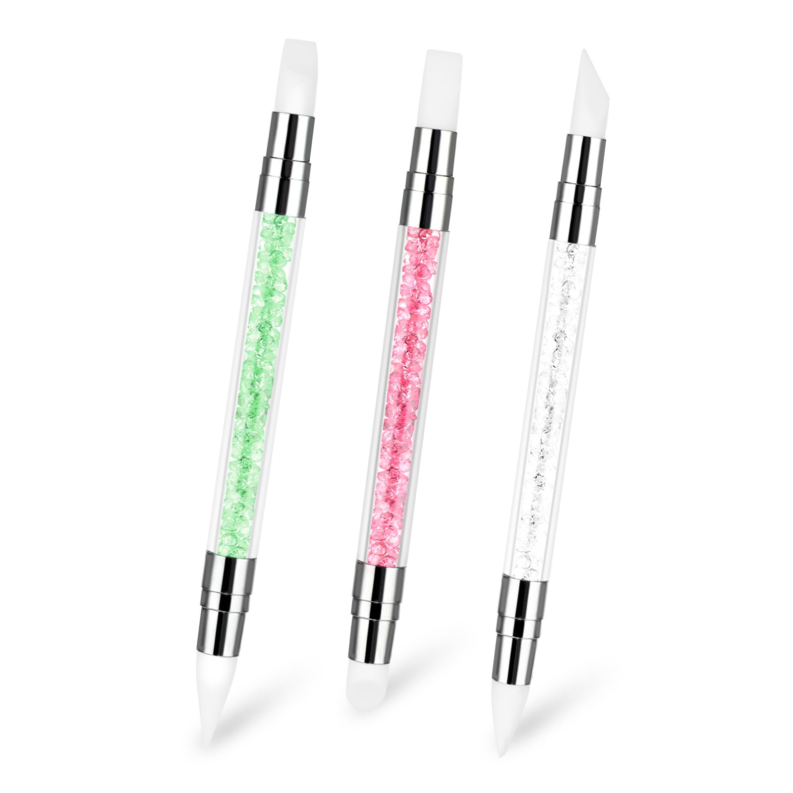3 bolígrafos de escultura para arte de uñas, herramientas de uñas de silicona de doble punta, cabeza de silicona, pinceles de arte de uñas con mango acrílico, bolígrafo de tallado de esmalte de uñas | Silicone Head Acrylic Handle Nail Art Brushes, Rhinest