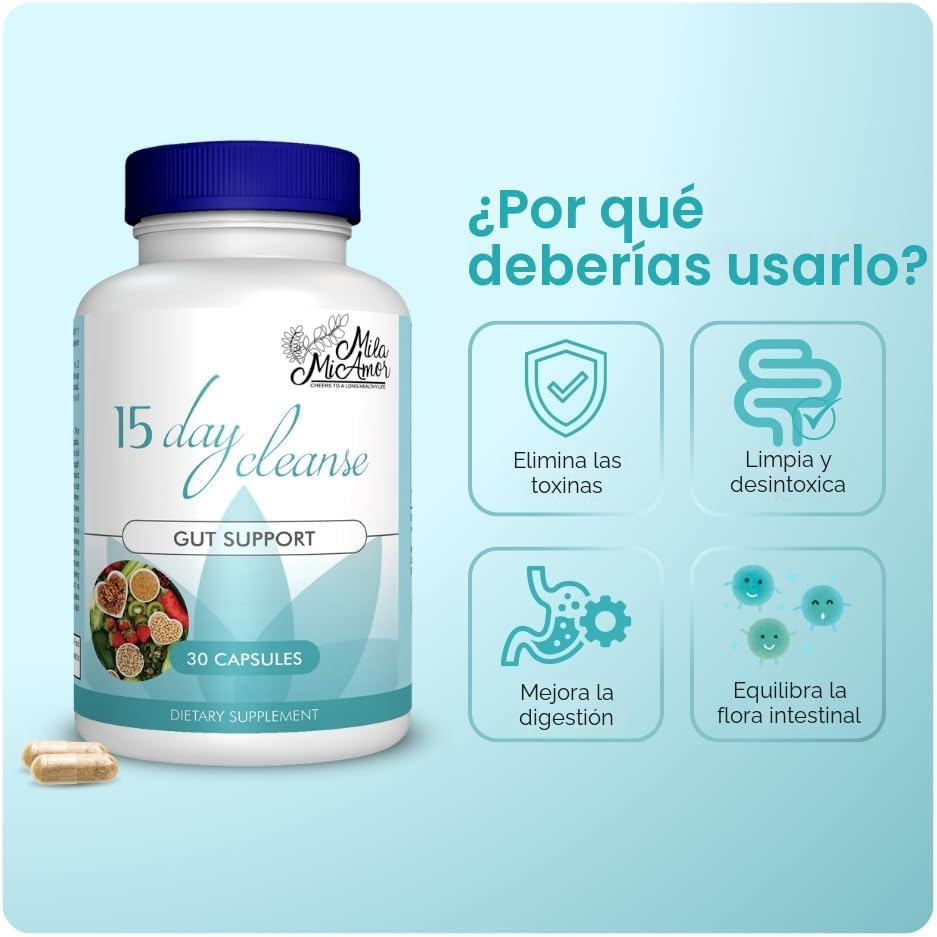Mila Miamor Limpieza de 15 Días - Apoyo Intestinal y Colon - Desintoxicación Avanzada de Limpieza Intestinal para Mujeres y Hombres con Senna, Cascara Sagrada y Cáscara de Psyllium - Sin OGM - Hecho