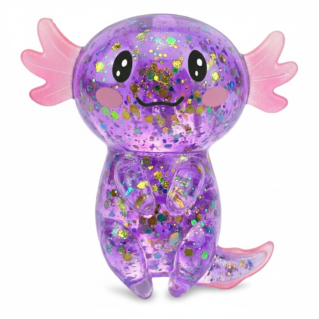 Axolotl - Juguete blando para aliviar el estrés – Lindo juguete para apretar con purpurina para niños y adultos, juguete sensorial para aliviar la ansiedad, recuerdo de fiesta de escritorio | Soft TPR, Floating Glitter, squeeze toy, busy hands, stress rel