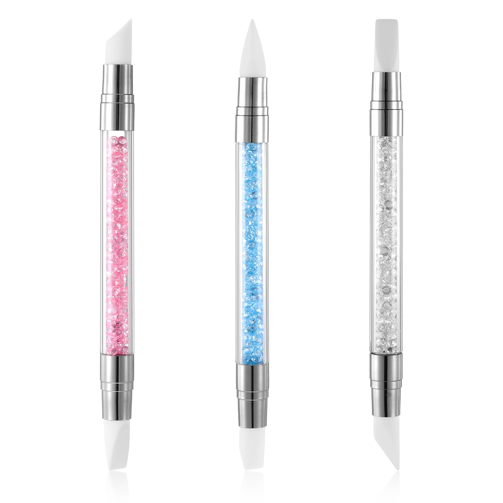 3 bolígrafos de escultura para arte de uñas, herramientas de uñas de silicona de doble punta, cabeza de silicona, pinceles de arte de uñas con mango acrílico, bolígrafo de tallado de esmalte de uñas | Silicone Head Acrylic Handle Nail Art Brushes, Rhinest