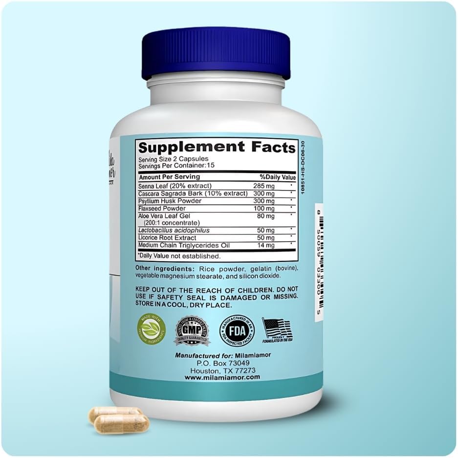 Mila Miamor Limpieza de 15 Días - Apoyo Intestinal y Colon - Desintoxicación Avanzada de Limpieza Intestinal para Mujeres y Hombres con Senna, Cascara Sagrada y Cáscara de Psyllium - Sin OGM - Hecho