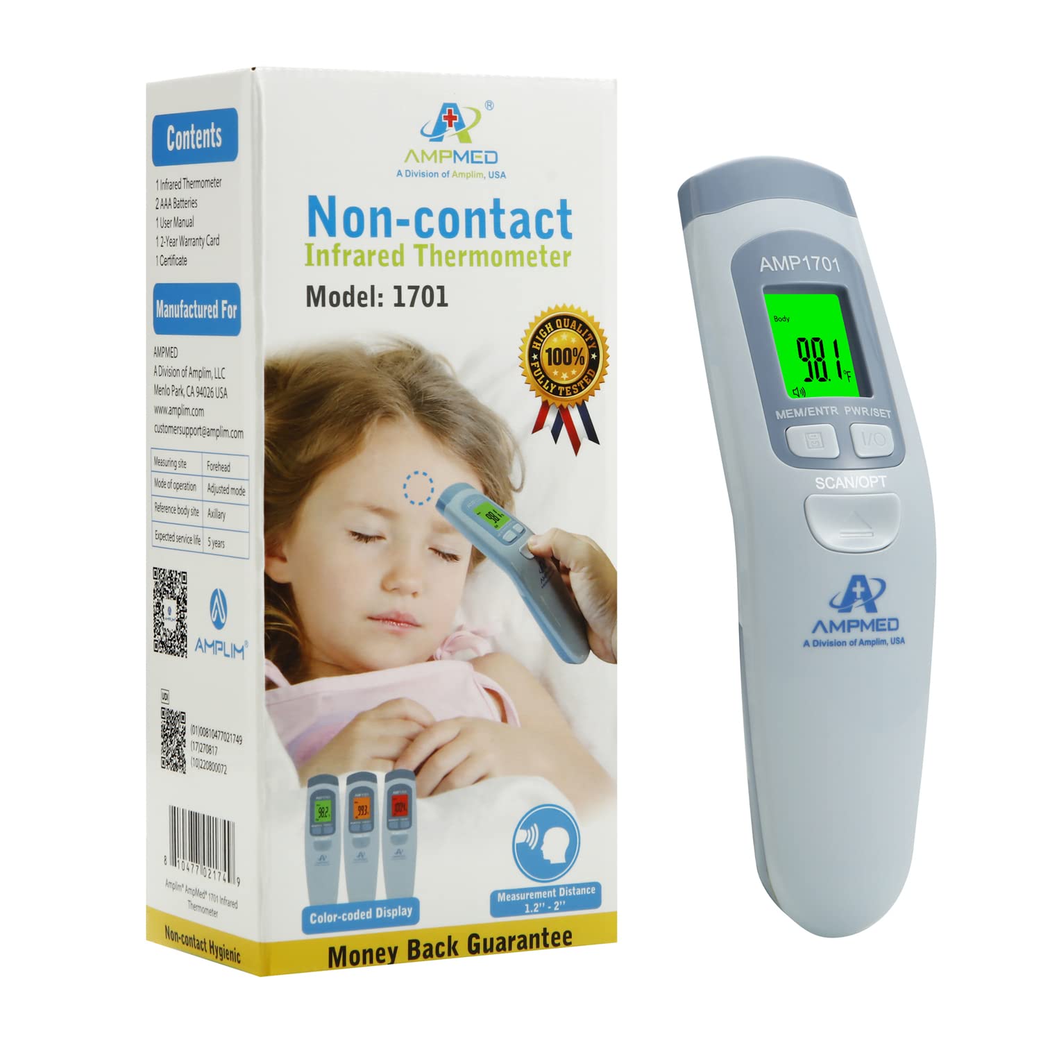 Termómetro de frente de grado médico Amplim para adultos, niños, bebés, termómetro infrarrojo digital sin contacto, lectura instantánea, detección precisa y rápida de fiebre, para uso en casa, clínica | Para adultos, niños, bebés, detección digital de fie