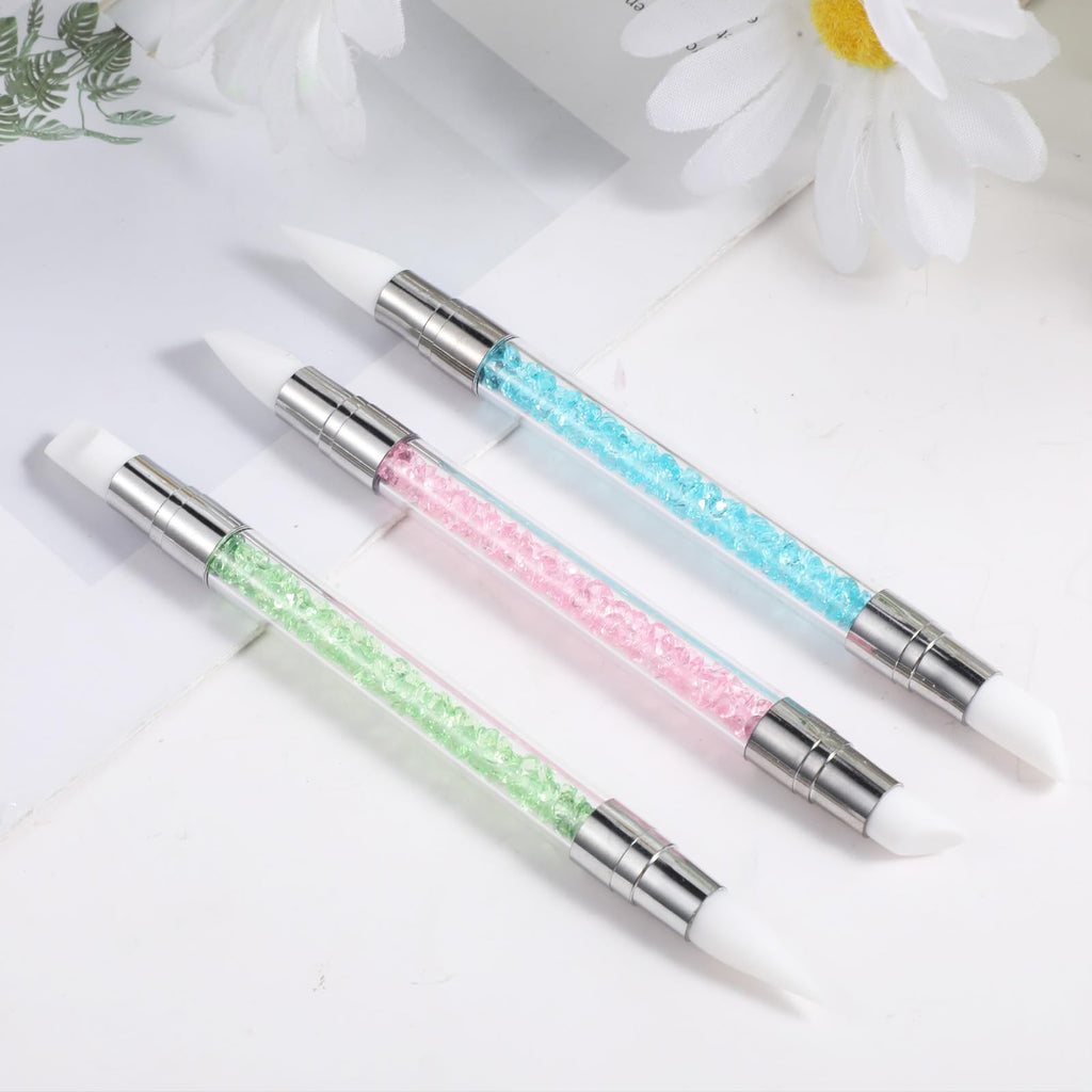 3 bolígrafos de escultura para arte de uñas, herramientas de uñas de silicona de doble punta, cabeza de silicona, pinceles de arte de uñas con mango acrílico, bolígrafo de tallado de esmalte de uñas | Silicone Head Acrylic Handle Nail Art Brushes, Rhinest