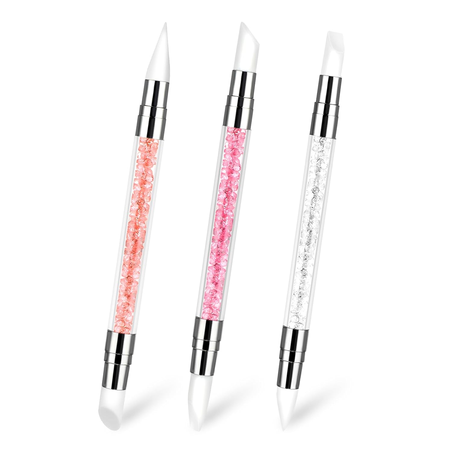 3 bolígrafos de escultura para arte de uñas, herramientas de uñas de silicona de doble punta, cabeza de silicona, pinceles de arte de uñas con mango acrílico, bolígrafo de tallado de esmalte de uñas | Silicone Head Acrylic Handle Nail Art Brushes, Rhinest
