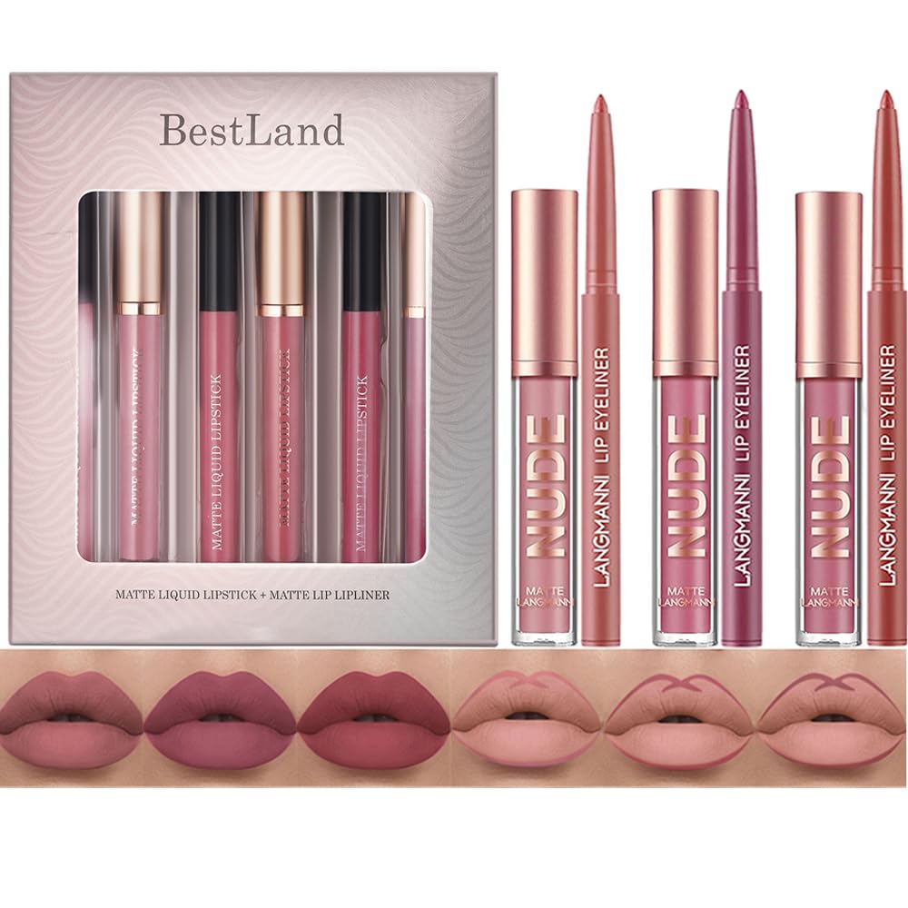 BestLand 12Pcs Matte Liquid Lipstick + Lip Liner Pens Set, Velvety Nude Lip Stain Waterproof Long Wear Makeup Gift Set