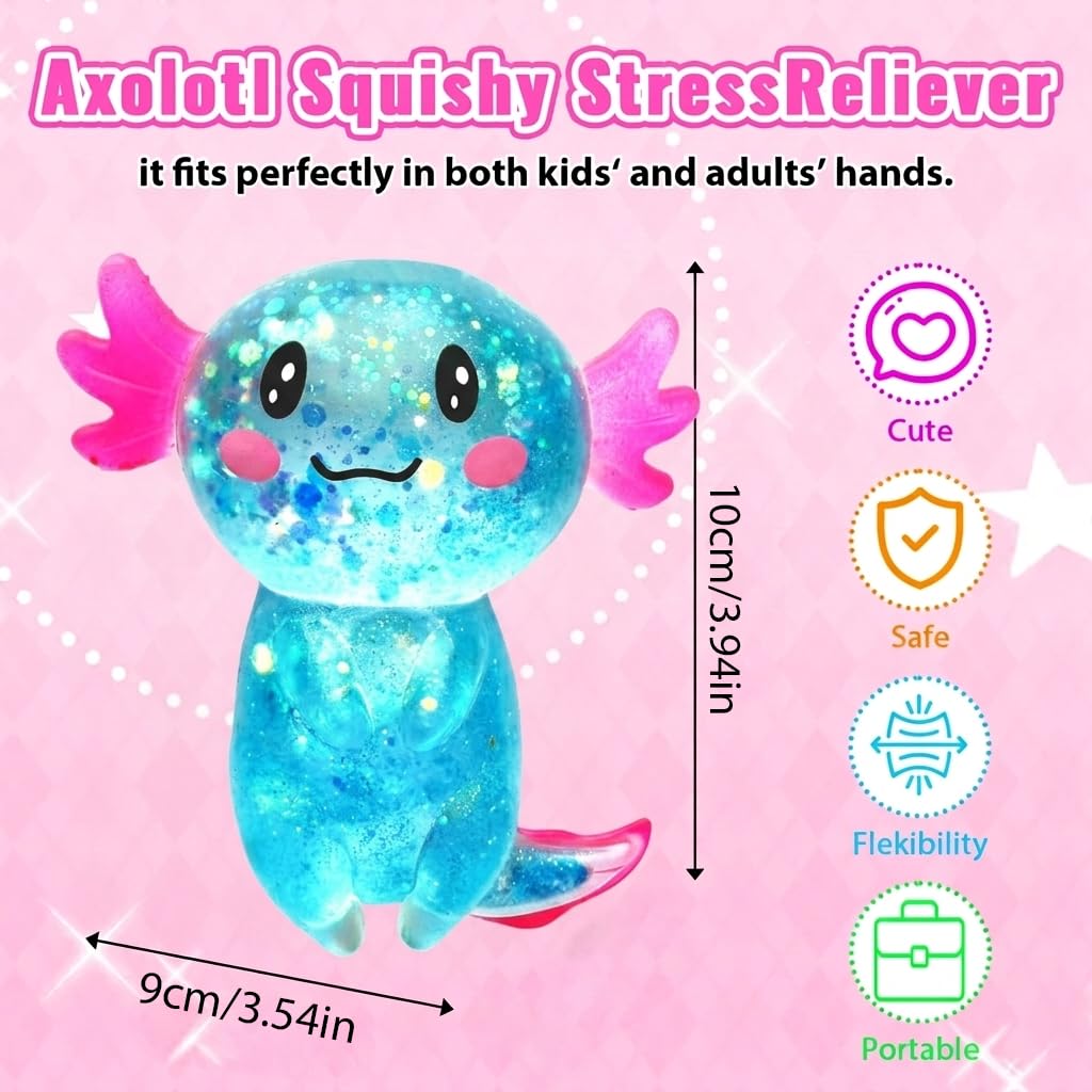 Axolotl - Juguete blando para aliviar el estrés – Lindo juguete para apretar con purpurina para niños y adultos, juguete sensorial para aliviar la ansiedad, recuerdo de fiesta de escritorio | Soft TPR, Floating Glitter, squeeze toy, busy hands, stress rel
