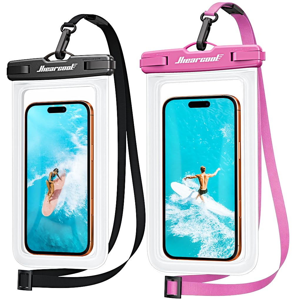 Hiearcool Funda impermeable IPX8 para iPhone 17/16/15/14 Pro Max, bolsa seca para teléfono celular para artículos esenciales de playa y crucero, pantalla táctil, cordón incluido, paquete de 2 (se adapta a hasta 8.9 pulgadas)