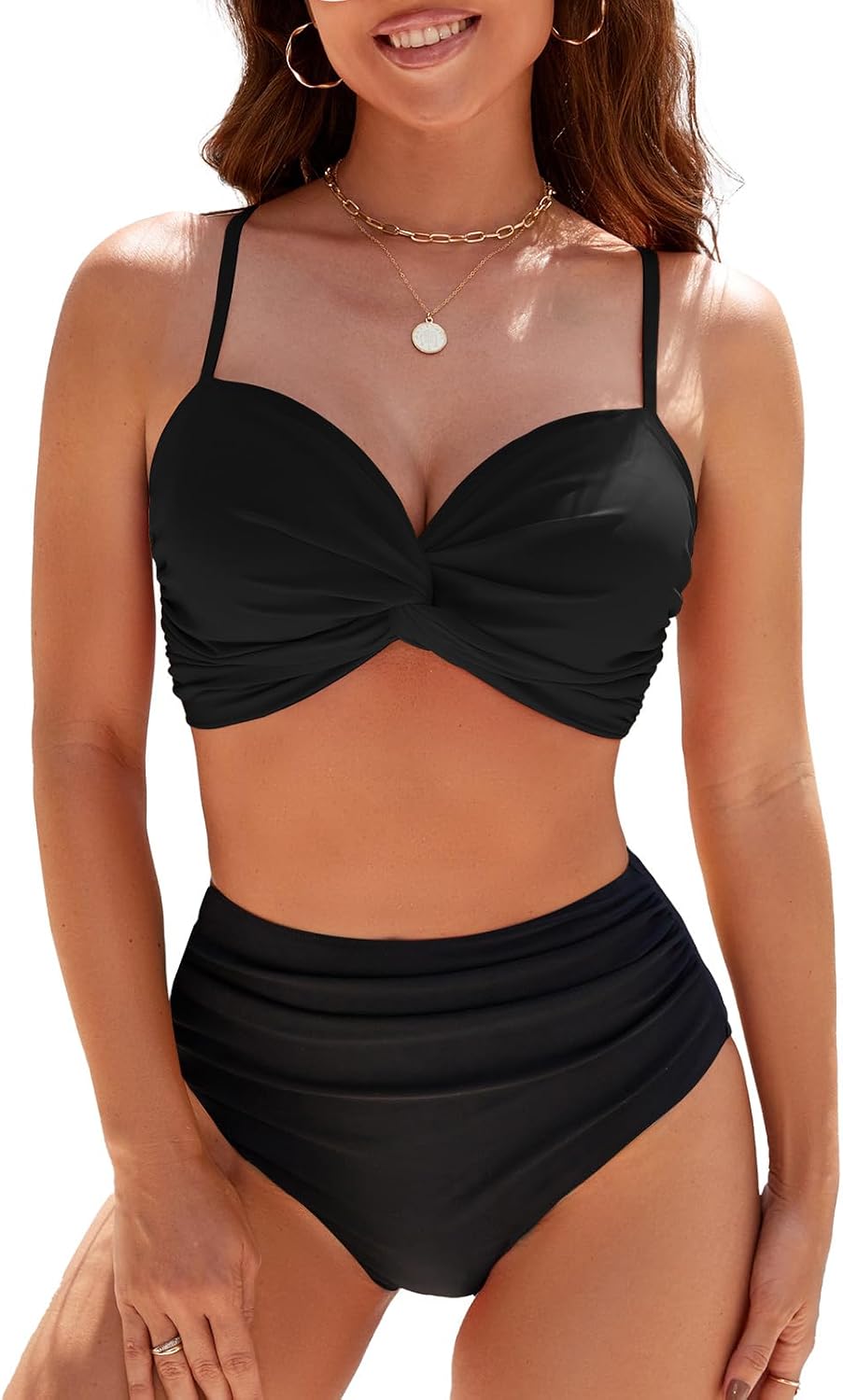 Conjunto de bikini de dos piezas para mujer, traje de baño con control de abdomen, cintura alta, cuello en V, ropa de playa, correas frontales torcidas