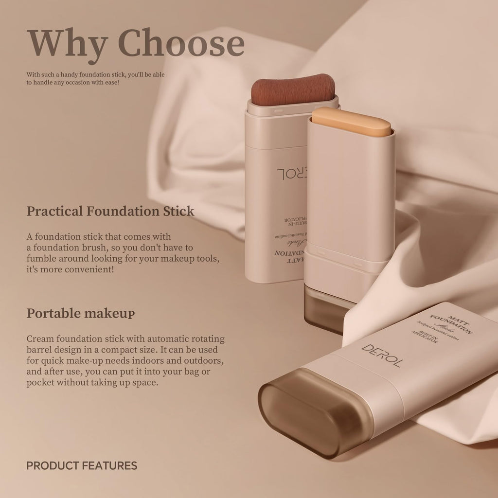Flawless Eraser Foundation Stick, Lightweight Buildable Medium-to-Full Coverage Dual Ended Makeup Stick, Multi-Use Face Makeup Bar with brush, Natural Finish