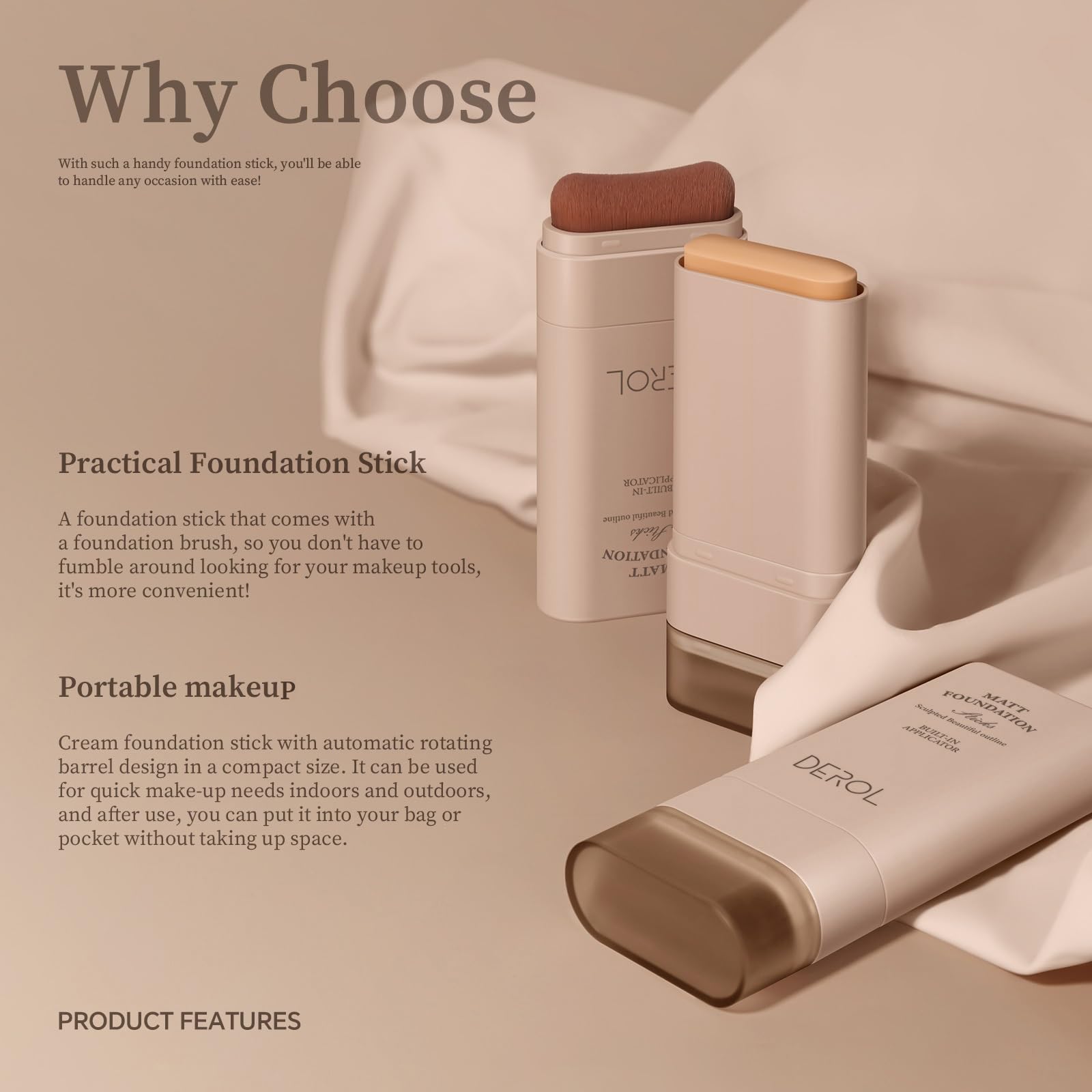 Flawless Eraser Foundation Stick, Lightweight Buildable Medium-to-Full Coverage Dual Ended Makeup Stick, Multi-Use Face Makeup Bar with brush, Natural Finish