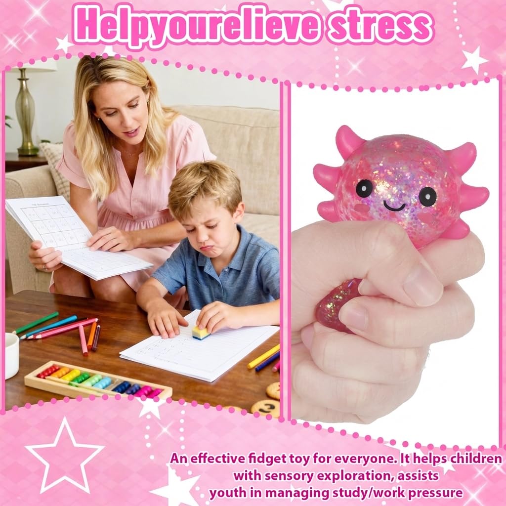 Axolotl - Juguete blando para aliviar el estrés – Lindo juguete para apretar con purpurina para niños y adultos, juguete sensorial para aliviar la ansiedad, recuerdo de fiesta de escritorio | Soft TPR, Floating Glitter, squeeze toy, busy hands, stress rel