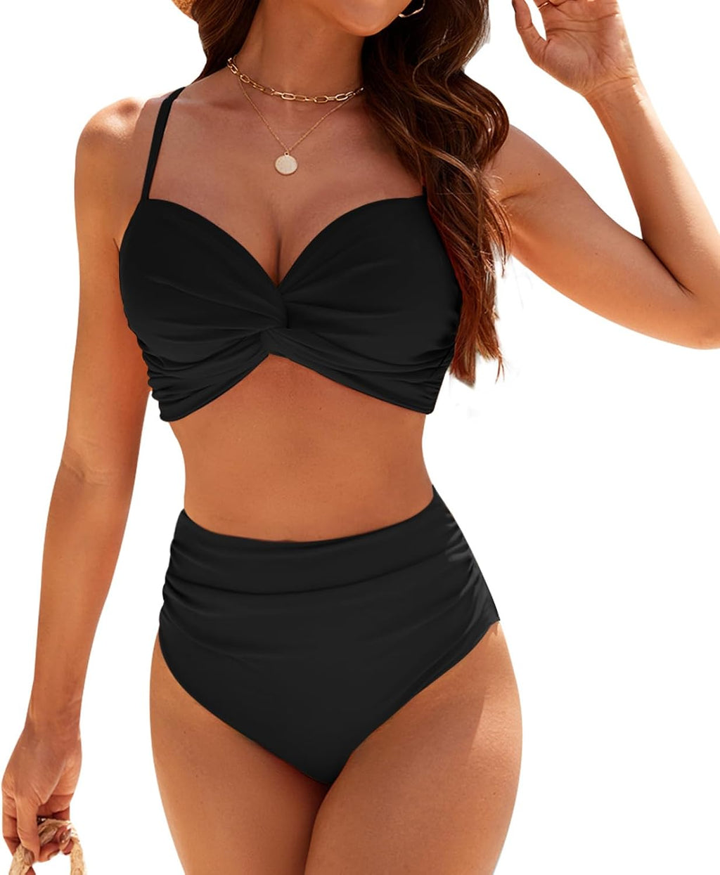 Conjunto de bikini de dos piezas para mujer, traje de baño con control de abdomen, cintura alta, cuello en V, ropa de playa, correas frontales torcidas
