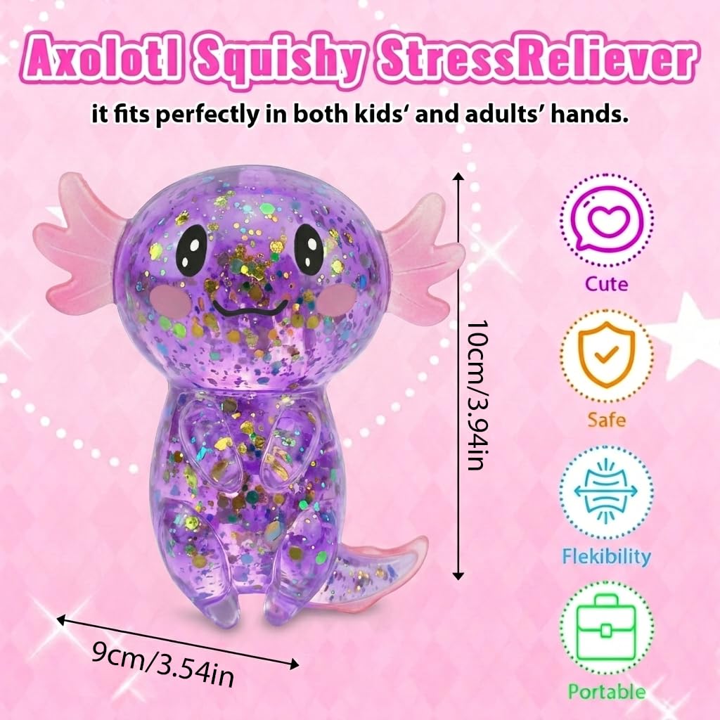 Axolotl - Juguete blando para aliviar el estrés – Lindo juguete para apretar con purpurina para niños y adultos, juguete sensorial para aliviar la ansiedad, recuerdo de fiesta de escritorio | Soft TPR, Floating Glitter, squeeze toy, busy hands, stress rel