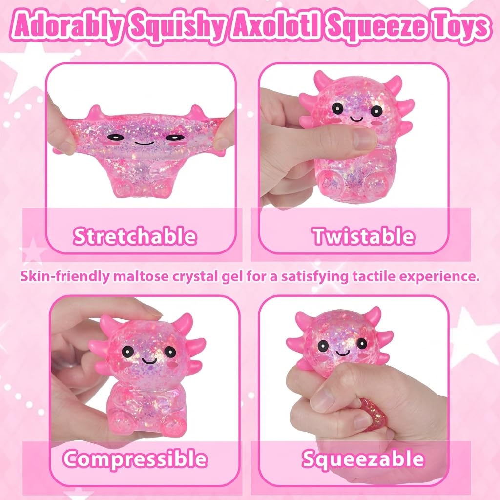 Axolotl - Juguete blando para aliviar el estrés – Lindo juguete para apretar con purpurina para niños y adultos, juguete sensorial para aliviar la ansiedad, recuerdo de fiesta de escritorio | Soft TPR, Floating Glitter, squeeze toy, busy hands, stress rel