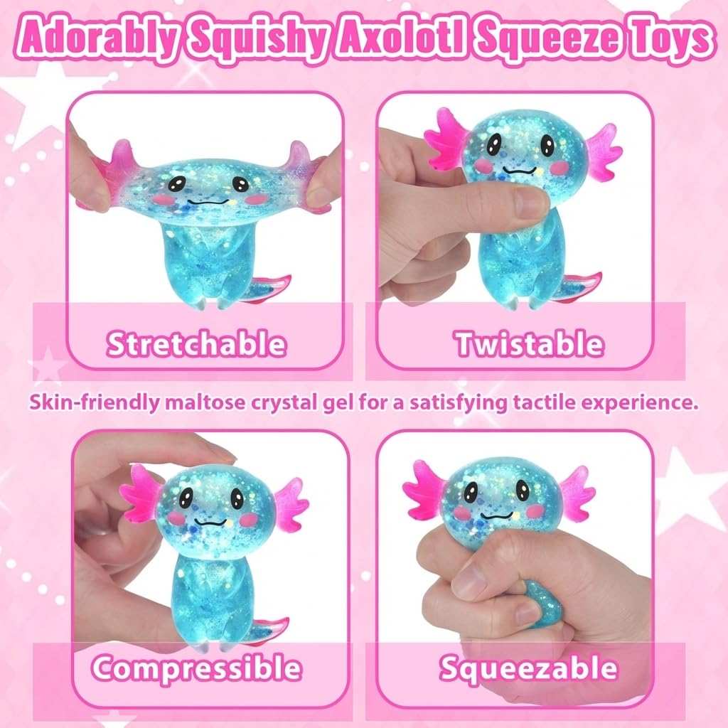 Axolotl - Juguete blando para aliviar el estrés – Lindo juguete para apretar con purpurina para niños y adultos, juguete sensorial para aliviar la ansiedad, recuerdo de fiesta de escritorio | Soft TPR, Floating Glitter, squeeze toy, busy hands, stress rel