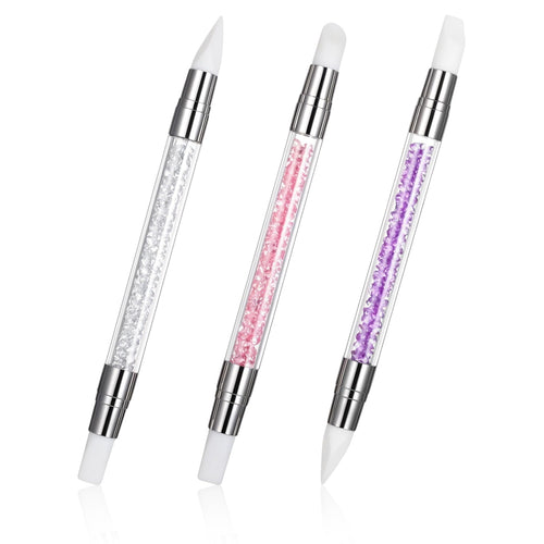 3 bolígrafos de escultura para arte de uñas, herramientas de uñas de silicona de doble punta, cabeza de silicona, pinceles de arte de uñas con mango acrílico, bolígrafo de tallado de esmalte de uñas | Silicone Head Acrylic Handle Nail Art Brushes, Rhinest