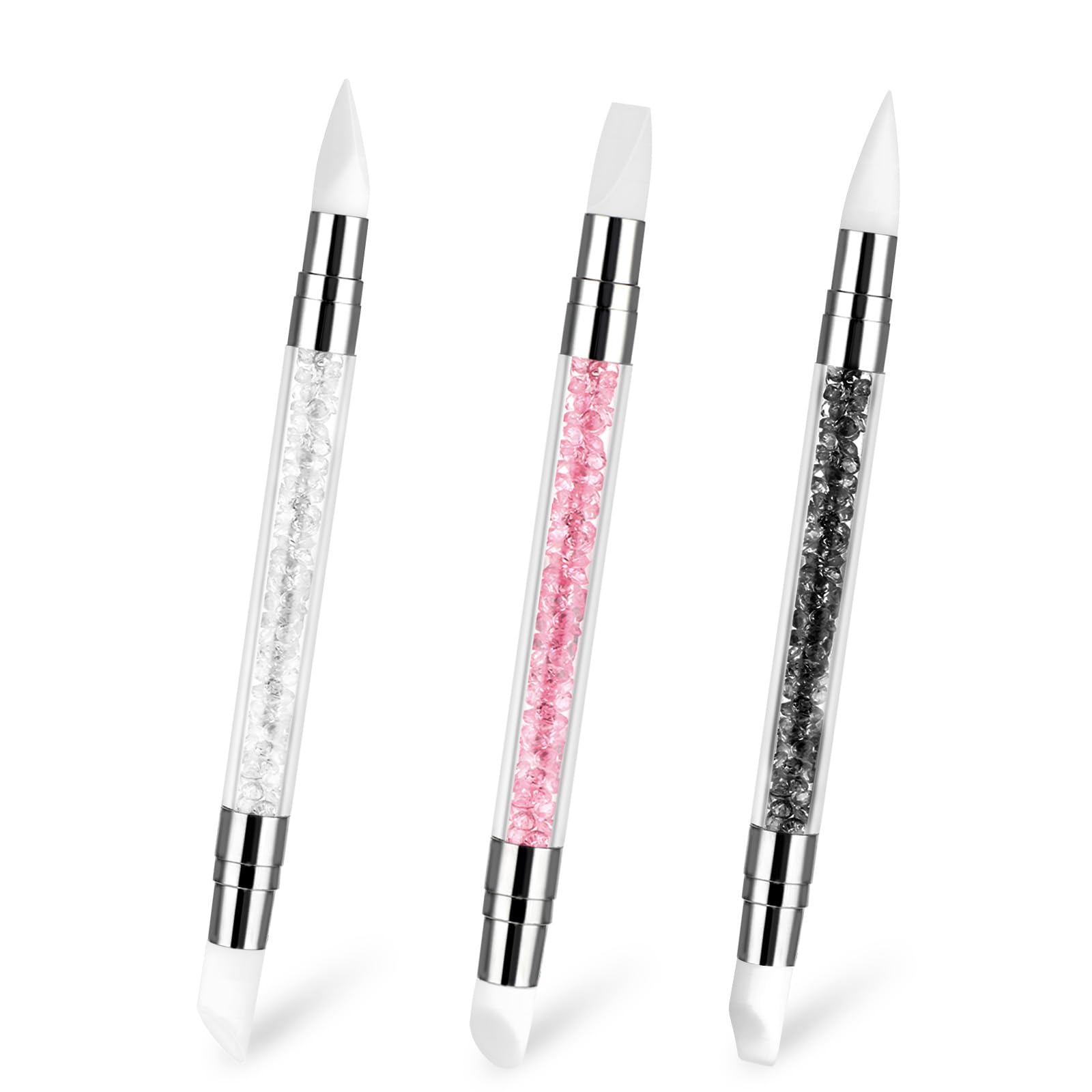 3 bolígrafos de escultura para arte de uñas, herramientas de uñas de silicona de doble punta, cabeza de silicona, pinceles de arte de uñas con mango acrílico, bolígrafo de tallado de esmalte de uñas | Silicone Head Acrylic Handle Nail Art Brushes, Rhinest