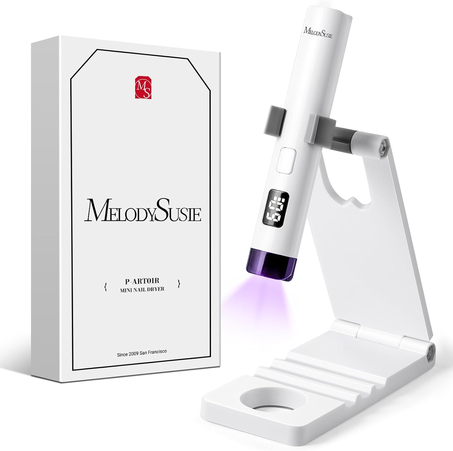 MelodySusie Luz UV de mano para uñas de gel con soporte, mini lámpara de uñas inalámbrica portátil con pantalla LCD, cubierta protectora de ojos, curado flash para pegamento, color blanco | Mini Portable Cordless Nail Lamp with LCD Display, Eye-Protective