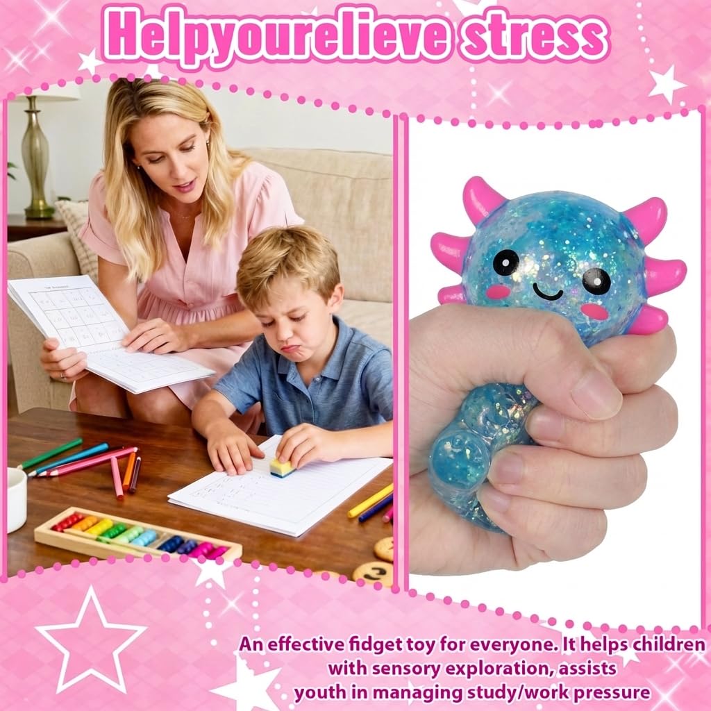 Axolotl - Juguete blando para aliviar el estrés – Lindo juguete para apretar con purpurina para niños y adultos, juguete sensorial para aliviar la ansiedad, recuerdo de fiesta de escritorio | Soft TPR, Floating Glitter, squeeze toy, busy hands, stress rel