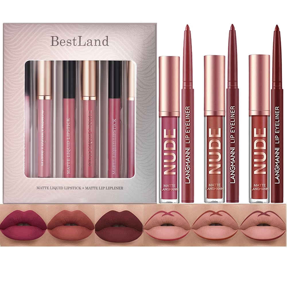BestLand 12Pcs Matte Liquid Lipstick + Lip Liner Pens Set, Velvety Nude Lip Stain Waterproof Long Wear Makeup Gift Set