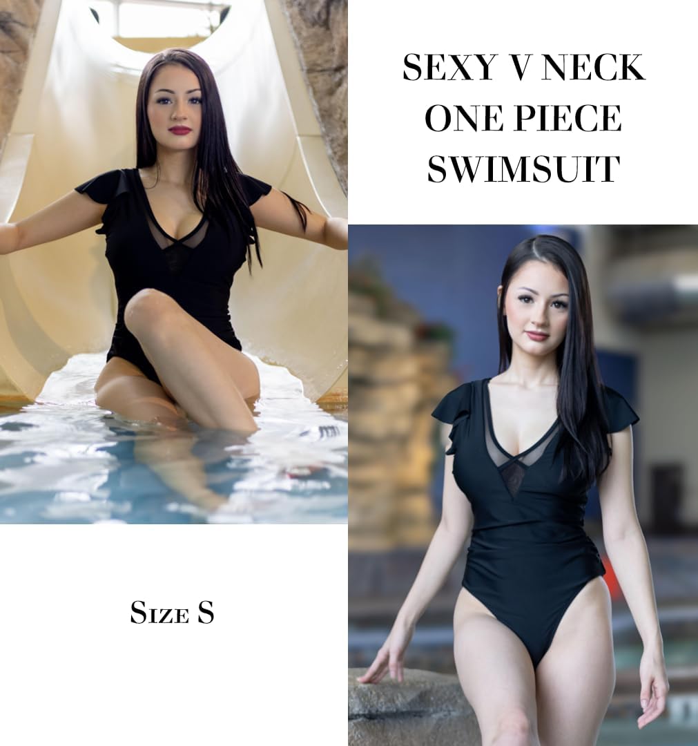AI'MAGE Traje de baño de una pieza para mujer, sexy, de malla, cuello en V profundo, con volantes, manga casquillo, control de abdomen, tallas S-XXL