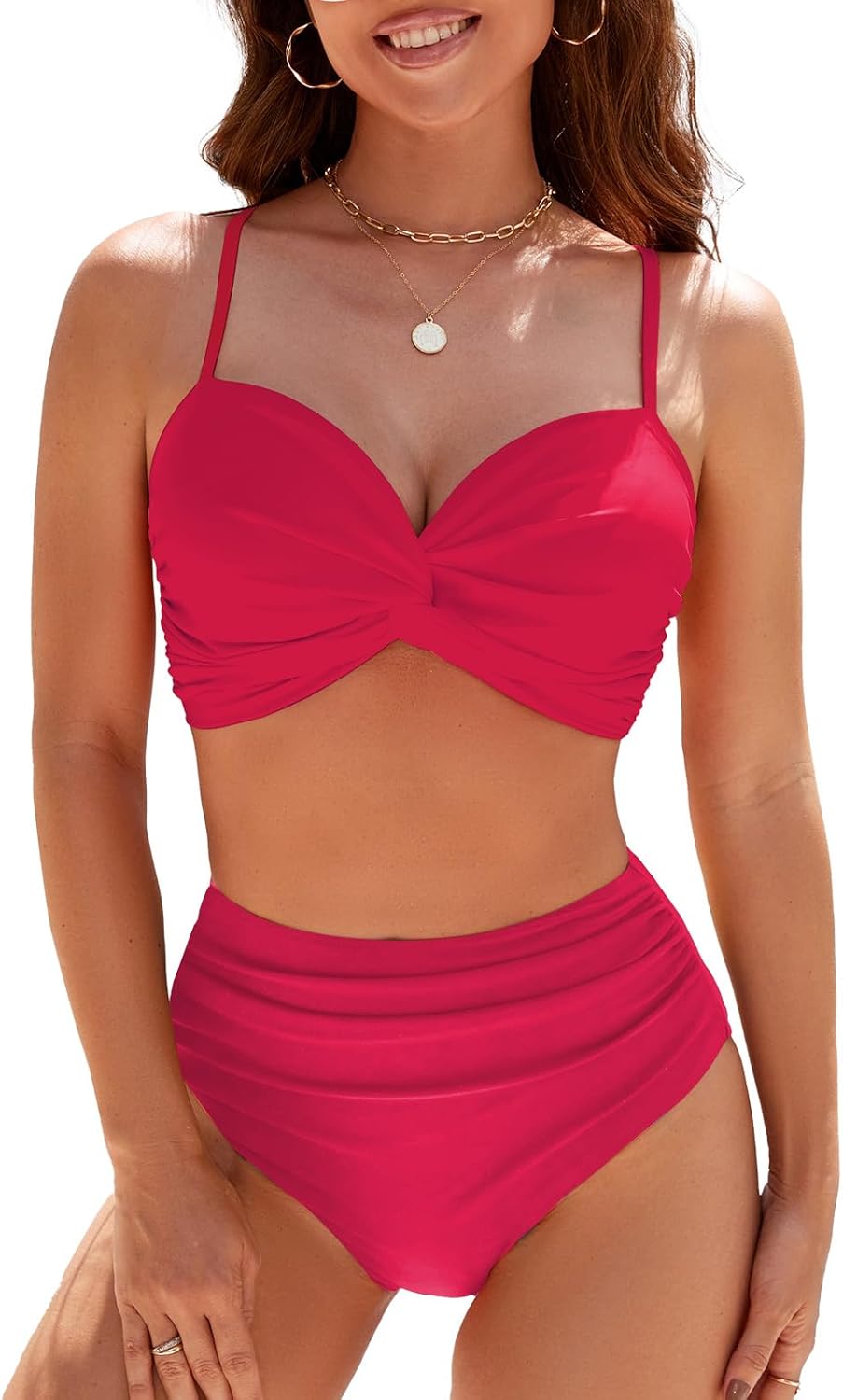 Conjunto de bikini de dos piezas para mujer, traje de baño con control de abdomen, cintura alta, cuello en V, ropa de playa, correas frontales torcidas