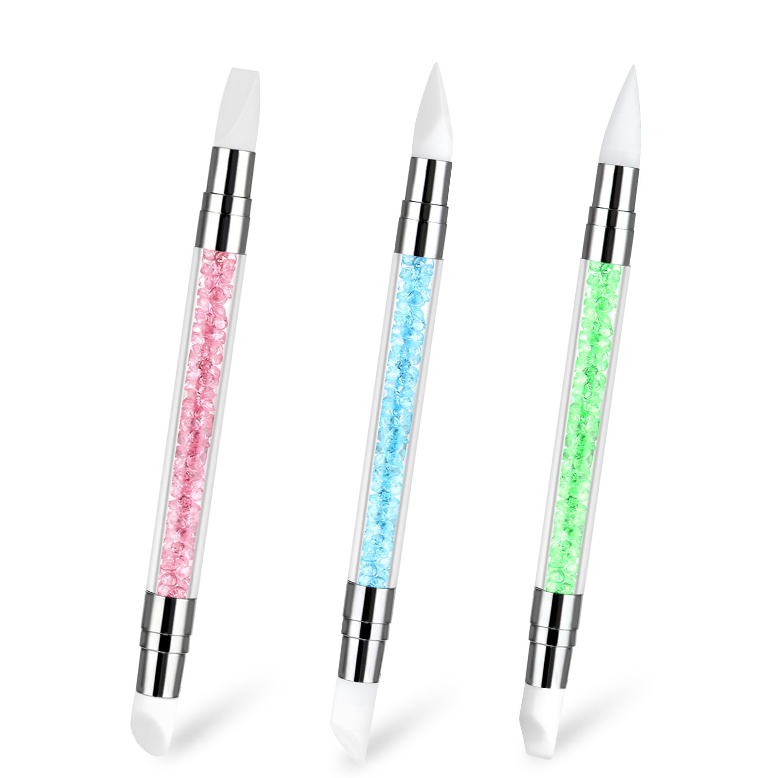 3 bolígrafos de escultura para arte de uñas, herramientas de uñas de silicona de doble punta, cabeza de silicona, pinceles de arte de uñas con mango acrílico, bolígrafo de tallado de esmalte de uñas | Silicone Head Acrylic Handle Nail Art Brushes, Rhinest
