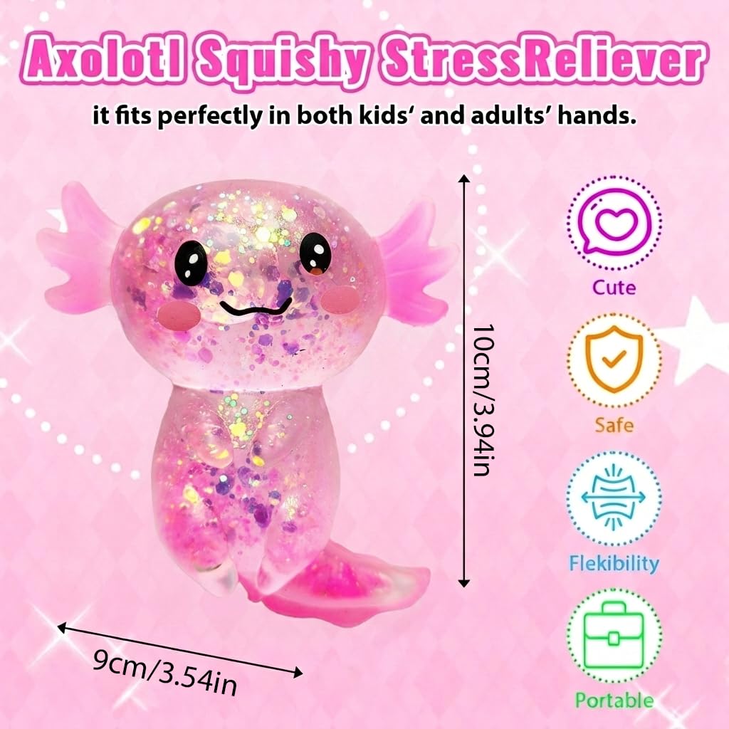 Axolotl - Juguete blando para aliviar el estrés – Lindo juguete para apretar con purpurina para niños y adultos, juguete sensorial para aliviar la ansiedad, recuerdo de fiesta de escritorio | Soft TPR, Floating Glitter, squeeze toy, busy hands, stress rel