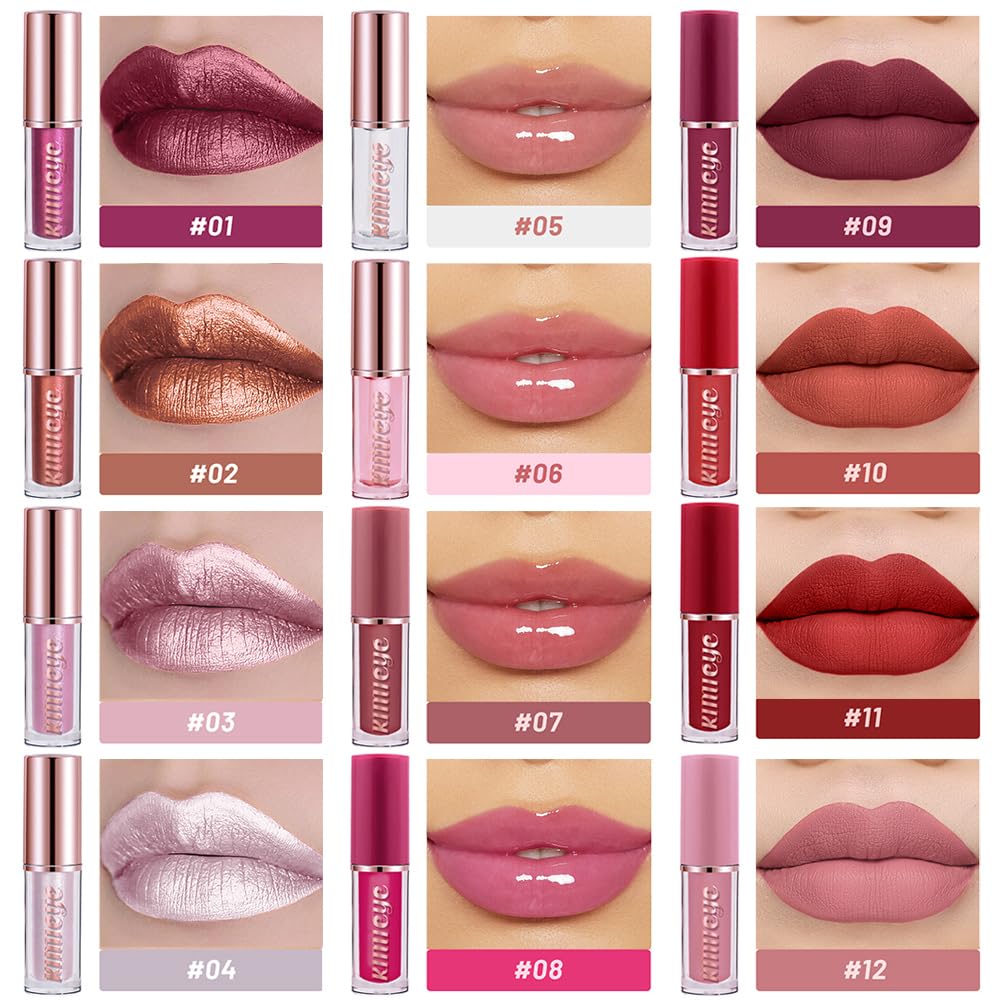 12Pcs Liquid Lipstick Set, Shades with Matte Gloss Lip Tint, Set A | Waterproof, Long Lasting, Quick-drying, Non-Stick Cup, Up to 12H Wear, Professional Lip Makeup Gift Kit