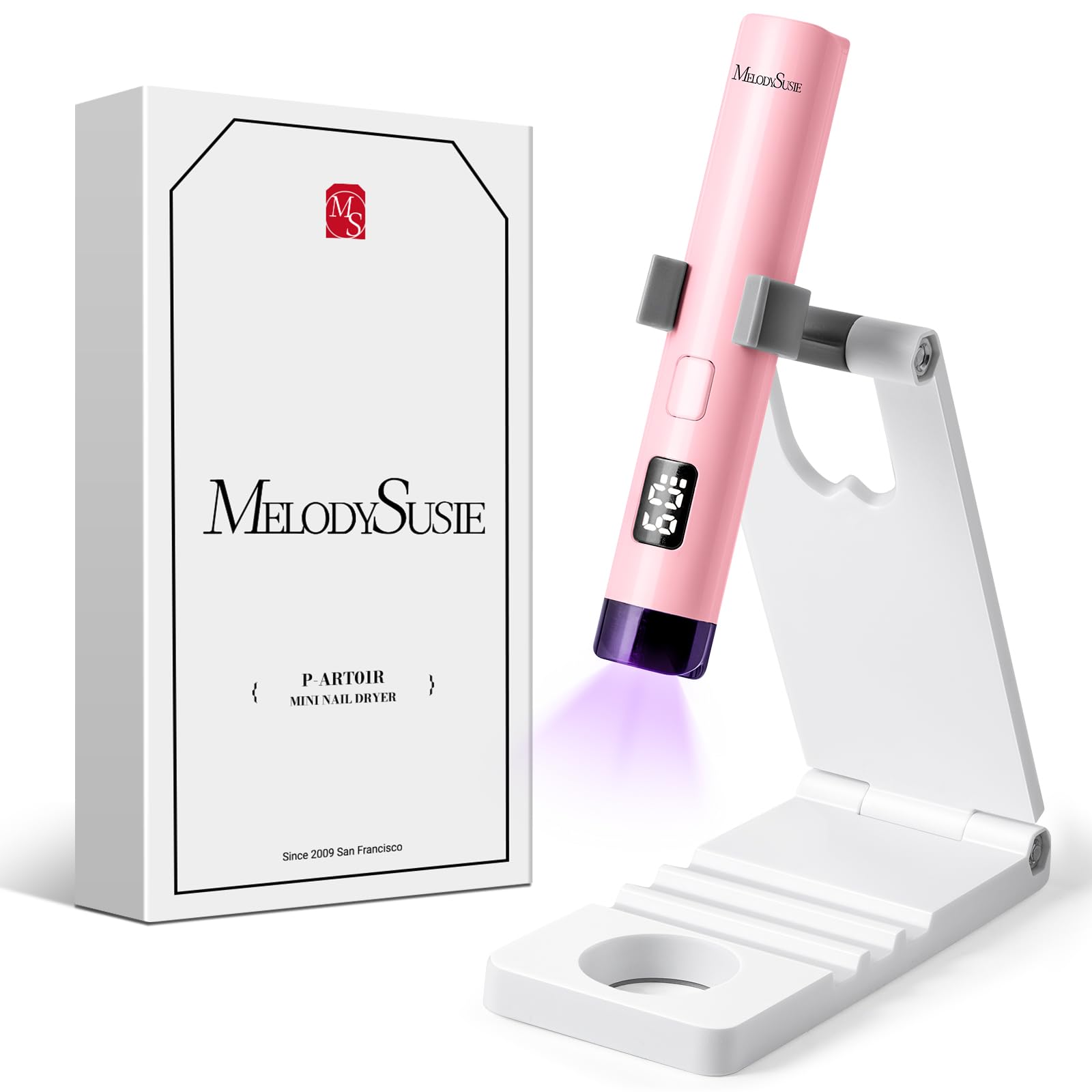 MelodySusie Luz UV de mano para uñas de gel con soporte, mini lámpara de uñas inalámbrica portátil con pantalla LCD, cubierta protectora de ojos, curado flash para pegamento, color blanco | Mini Portable Cordless Nail Lamp with LCD Display, Eye-Protective