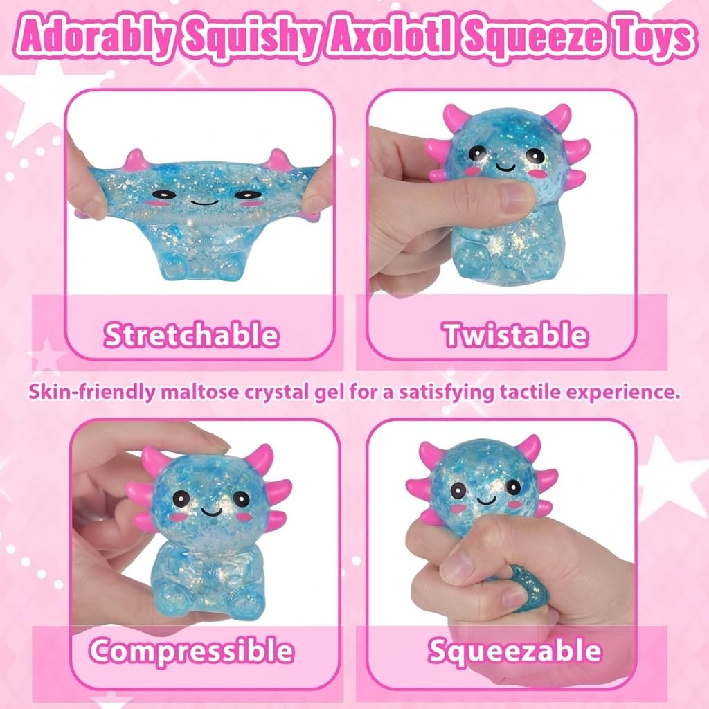 Axolotl - Juguete blando para aliviar el estrés – Lindo juguete para apretar con purpurina para niños y adultos, juguete sensorial para aliviar la ansiedad, recuerdo de fiesta de escritorio | Soft TPR, Floating Glitter, squeeze toy, busy hands, stress rel