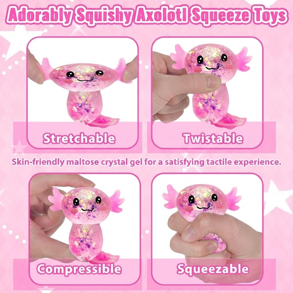 Axolotl - Juguete blando para aliviar el estrés – Lindo juguete para apretar con purpurina para niños y adultos, juguete sensorial para aliviar la ansiedad, recuerdo de fiesta de escritorio | Soft TPR, Floating Glitter, squeeze toy, busy hands, stress rel