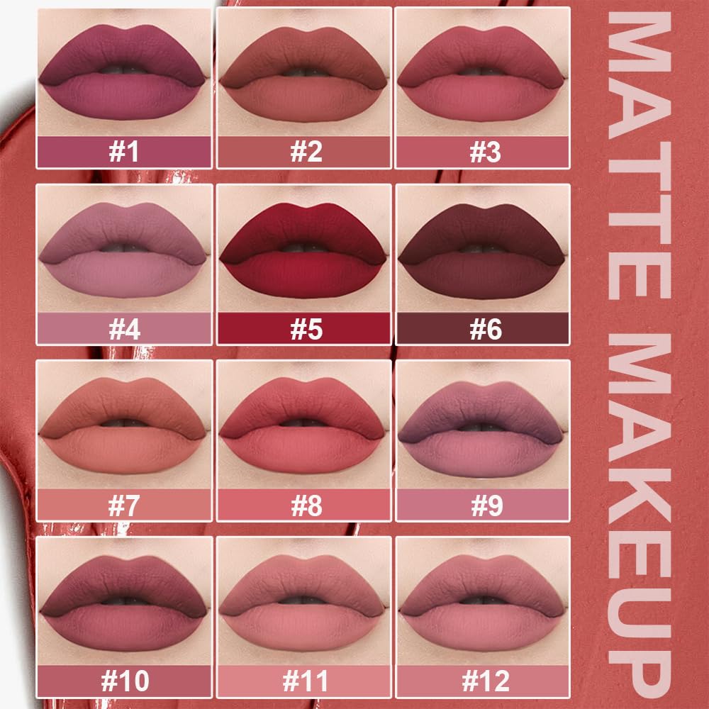 12Pcs Liquid Lipstick Set, Shades with Matte Gloss Lip Tint, Set A | Waterproof, Long Lasting, Quick-drying, Non-Stick Cup, Up to 12H Wear, Professional Lip Makeup Gift Kit