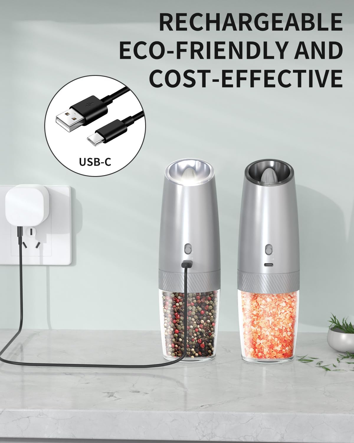 CIRCLE JOY Gravity - Juego de molinillo eléctrico de sal y pimienta con luz LED, funciona con pilas, grosor ajustable, gran capacidad, para el hogar, cocina, barbacoa