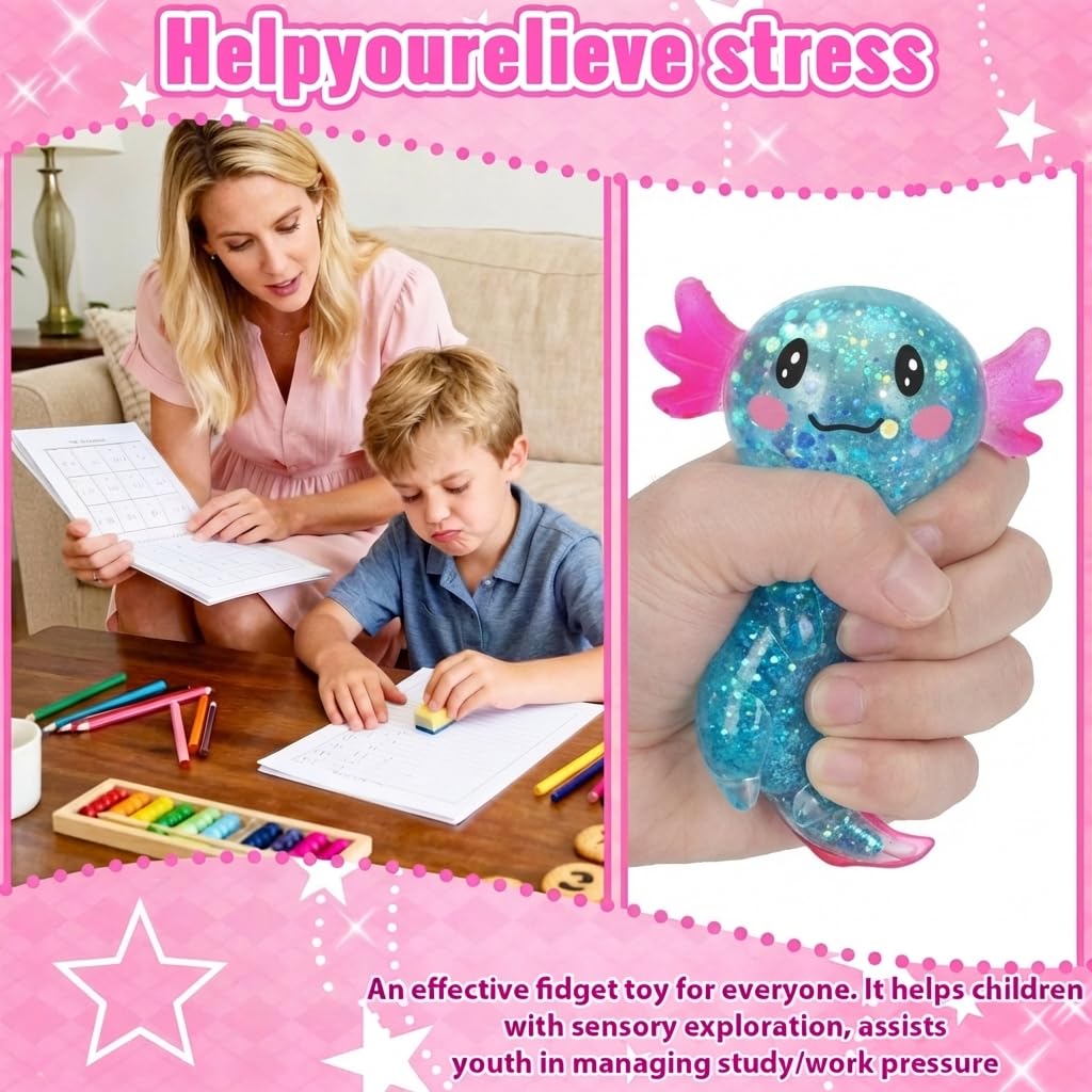 Axolotl - Juguete blando para aliviar el estrés – Lindo juguete para apretar con purpurina para niños y adultos, juguete sensorial para aliviar la ansiedad, recuerdo de fiesta de escritorio | Soft TPR, Floating Glitter, squeeze toy, busy hands, stress rel