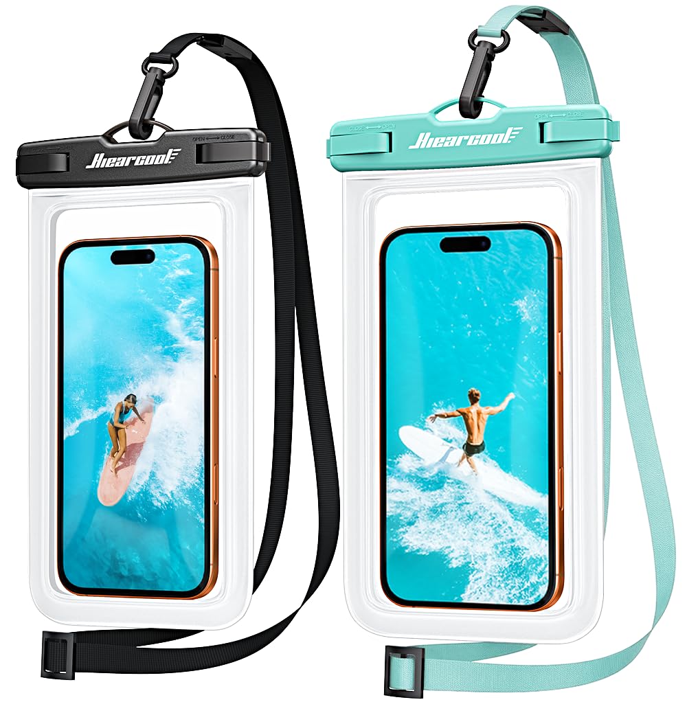 Hiearcool Funda impermeable IPX8 para iPhone 17/16/15/14 Pro Max, bolsa seca para teléfono celular para artículos esenciales de playa y crucero, pantalla táctil, cordón incluido, paquete de 2 (se adapta a hasta 8.9 pulgadas)