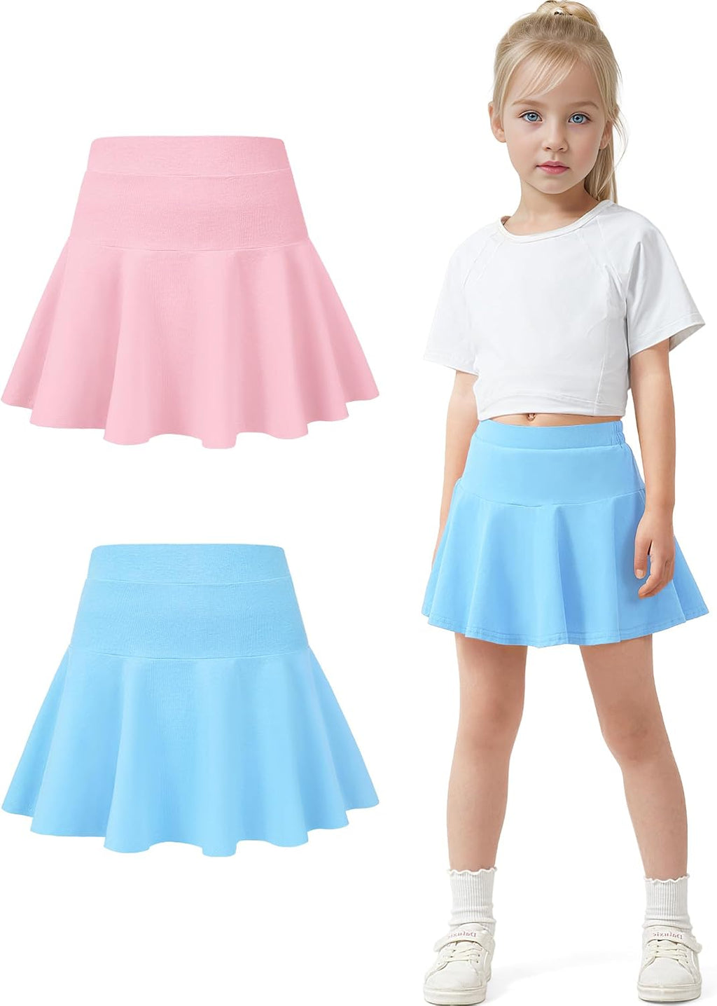 BOOPH Paquete de 2 faldas de uniforme deportivo para niñas pequeñas con pantalones cortos | Faldas de tenis francés con bolsillos para niños de 2 a 9 años