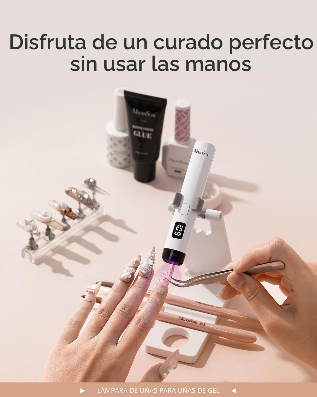 MelodySusie Luz UV de mano para uñas de gel con soporte, mini lámpara de uñas inalámbrica portátil con pantalla LCD, cubierta protectora de ojos, curado flash para pegamento, color blanco | Mini Portable Cordless Nail Lamp with LCD Display, Eye-Protective