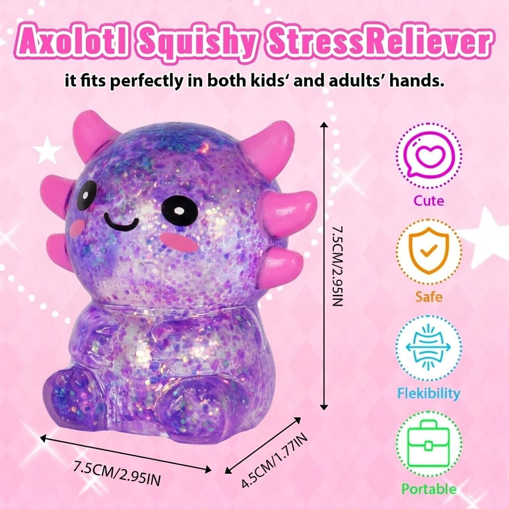 Axolotl - Juguete blando para aliviar el estrés – Lindo juguete para apretar con purpurina para niños y adultos, juguete sensorial para aliviar la ansiedad, recuerdo de fiesta de escritorio | Soft TPR, Floating Glitter, squeeze toy, busy hands, stress rel