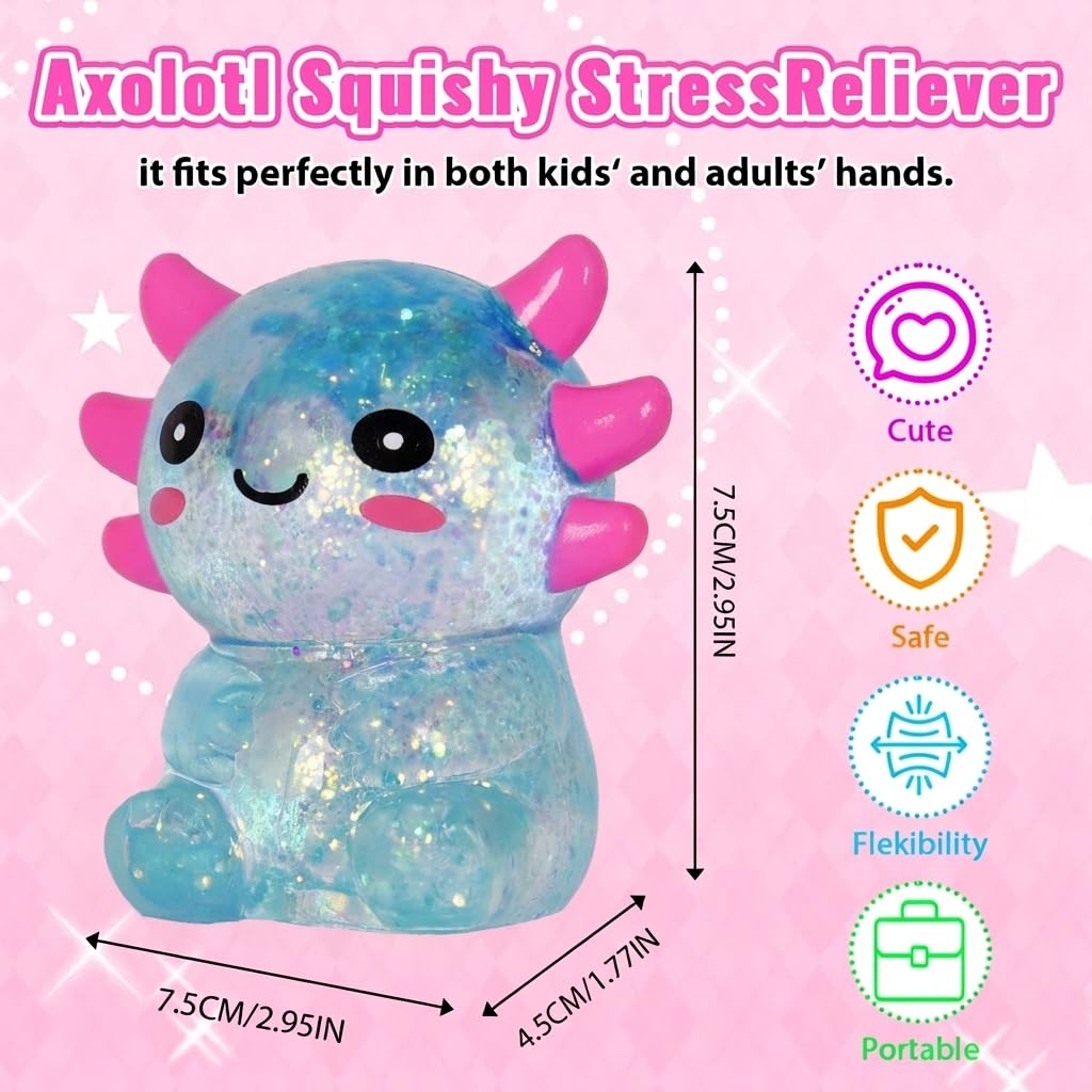 Axolotl - Juguete blando para aliviar el estrés – Lindo juguete para apretar con purpurina para niños y adultos, juguete sensorial para aliviar la ansiedad, recuerdo de fiesta de escritorio | Soft TPR, Floating Glitter, squeeze toy, busy hands, stress rel