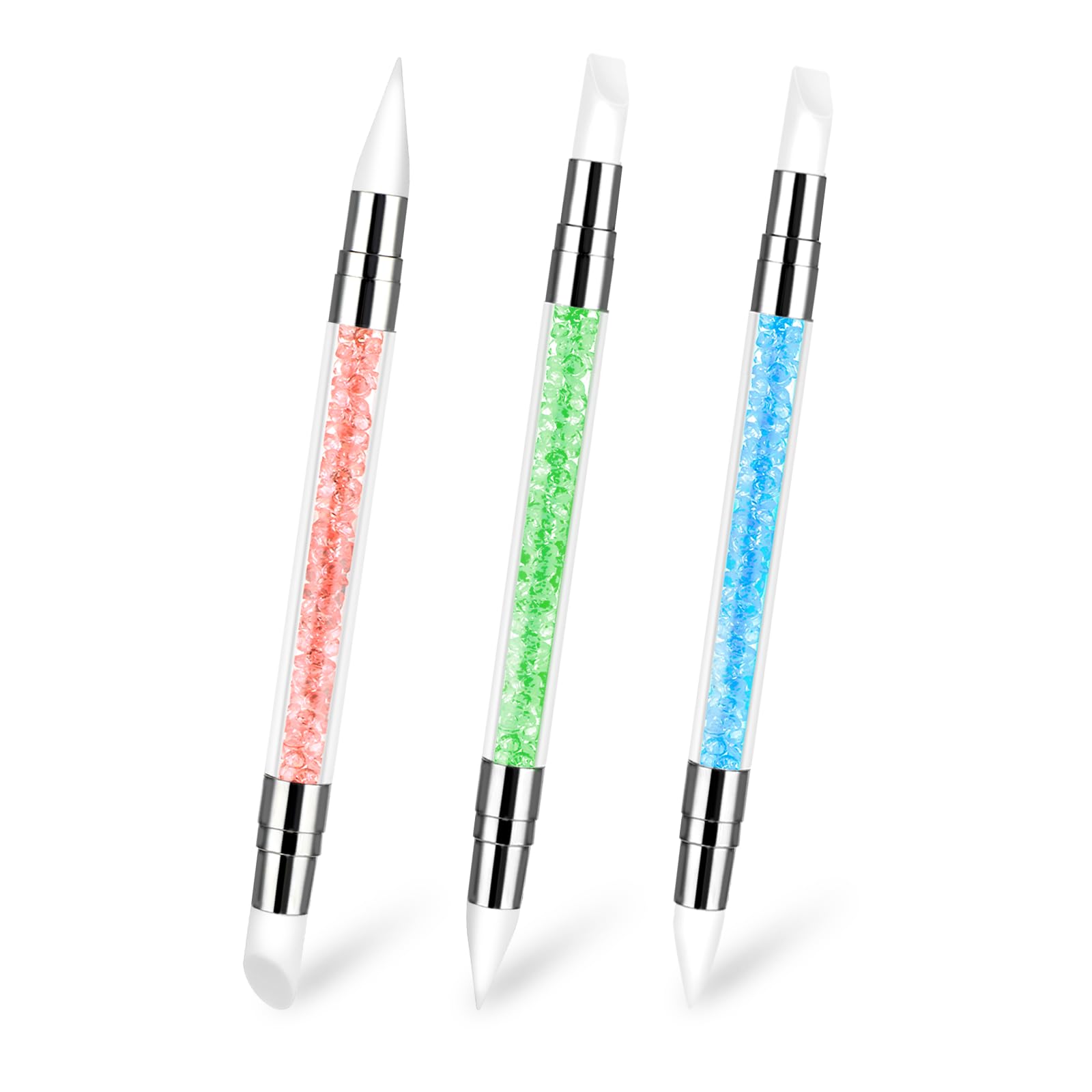 3 bolígrafos de escultura para arte de uñas, herramientas de uñas de silicona de doble punta, cabeza de silicona, pinceles de arte de uñas con mango acrílico, bolígrafo de tallado de esmalte de uñas | Silicone Head Acrylic Handle Nail Art Brushes, Rhinest