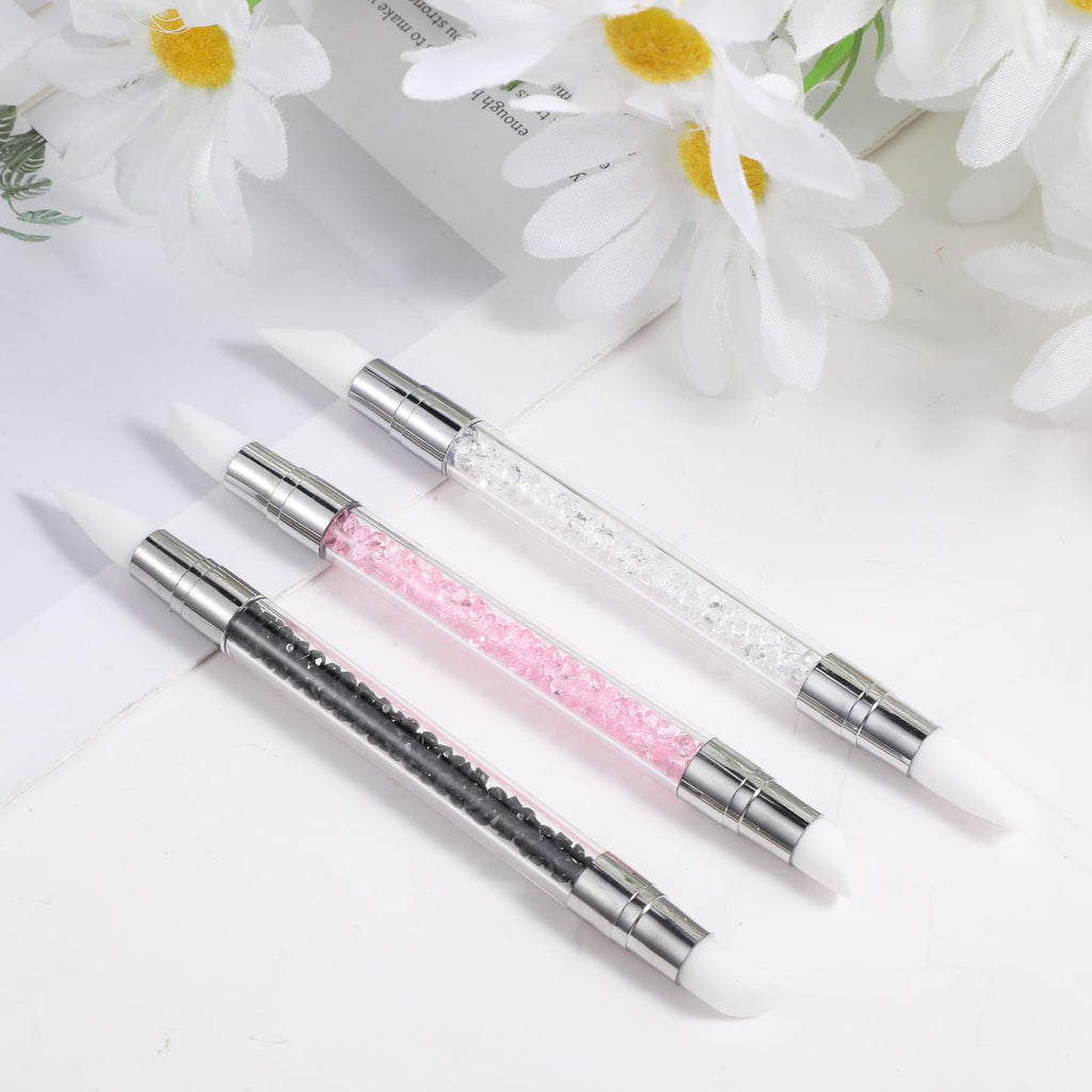 3 bolígrafos de escultura para arte de uñas, herramientas de uñas de silicona de doble punta, cabeza de silicona, pinceles de arte de uñas con mango acrílico, bolígrafo de tallado de esmalte de uñas | Silicone Head Acrylic Handle Nail Art Brushes, Rhinest