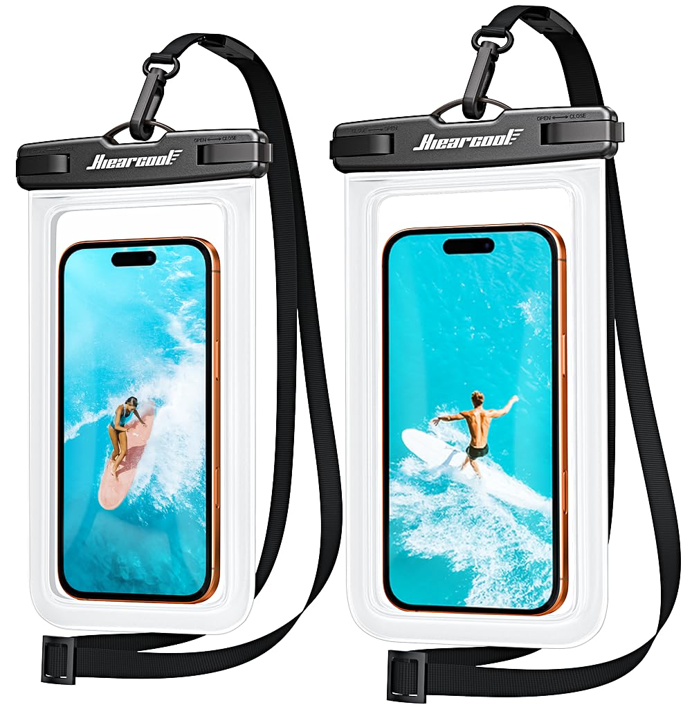 Hiearcool Funda impermeable IPX8 para iPhone 17/16/15/14 Pro Max, bolsa seca para teléfono celular para artículos esenciales de playa y crucero, pantalla táctil, cordón incluido, paquete de 2 (se adapta a hasta 8.9 pulgadas)