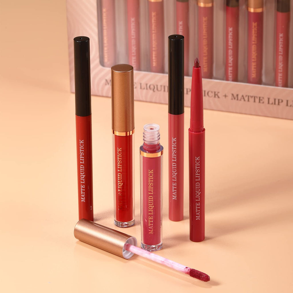 BestLand 12Pcs Matte Liquid Lipstick + Lip Liner Pens Set, Velvety Nude Lip Stain Waterproof Long Wear Makeup Gift Set