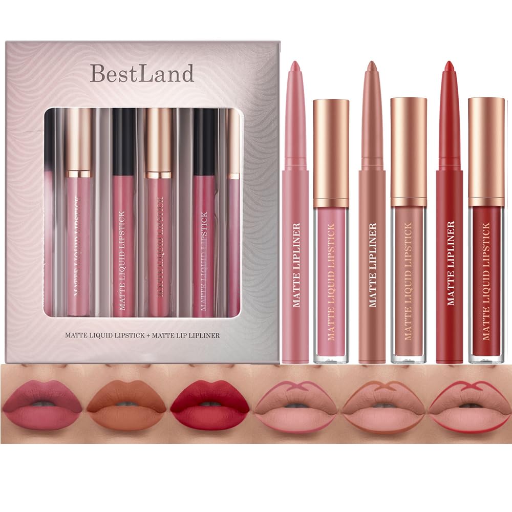 BestLand 12Pcs Matte Liquid Lipstick + Lip Liner Pens Set, Velvety Nude Lip Stain Waterproof Long Wear Makeup Gift Set