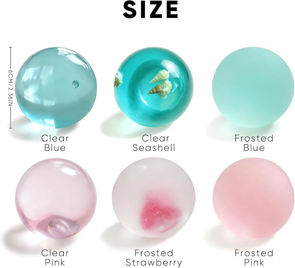 6 Pack Coconut Oil Squishy Stress Balls, ASMR Squishy Toys | Slow Rising Squishy, Maltose Syrup Gel, TPR, Anxiety Relief, Glossy Clear, Velvet Frosted, Strawberry & Sea Shells
