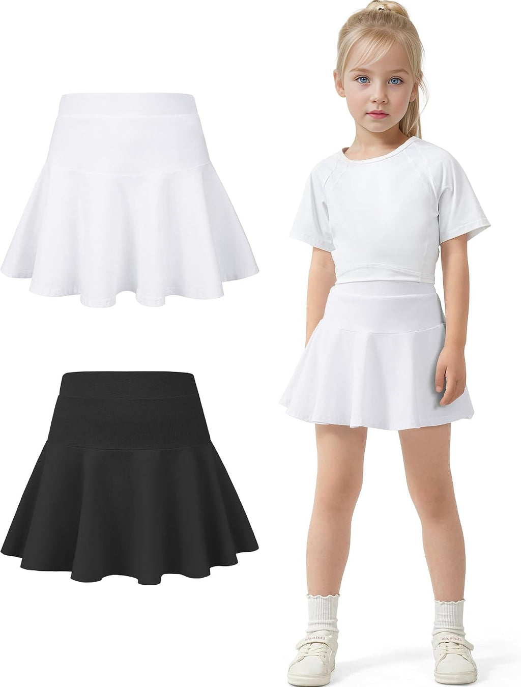 BOOPH Paquete de 2 faldas de uniforme deportivo para niñas pequeñas con pantalones cortos | Faldas de tenis francés con bolsillos para niños de 2 a 9 años